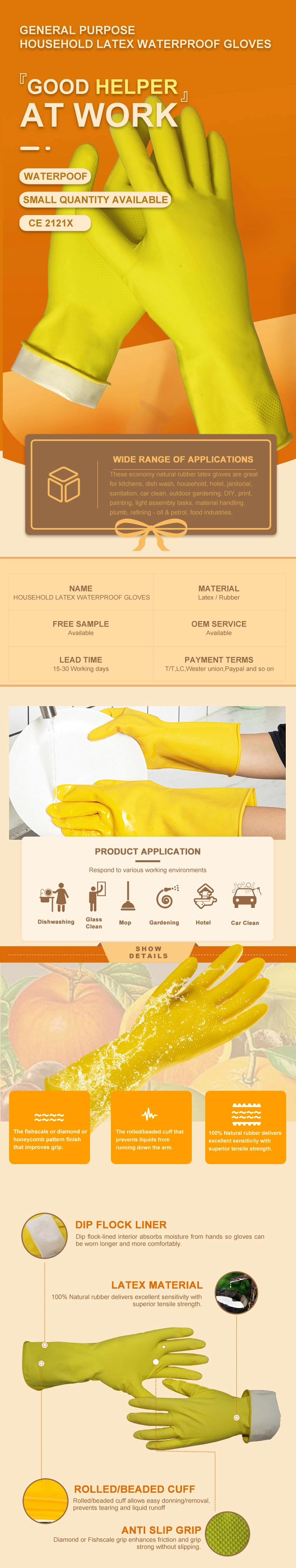 Custom Women Natural Anti Slip Reusable Latex Rubber Household Kithchen Dish Washing Clean Safety Work Hand Waterproof Gloves Factory Price Luvas Guantes CE 212