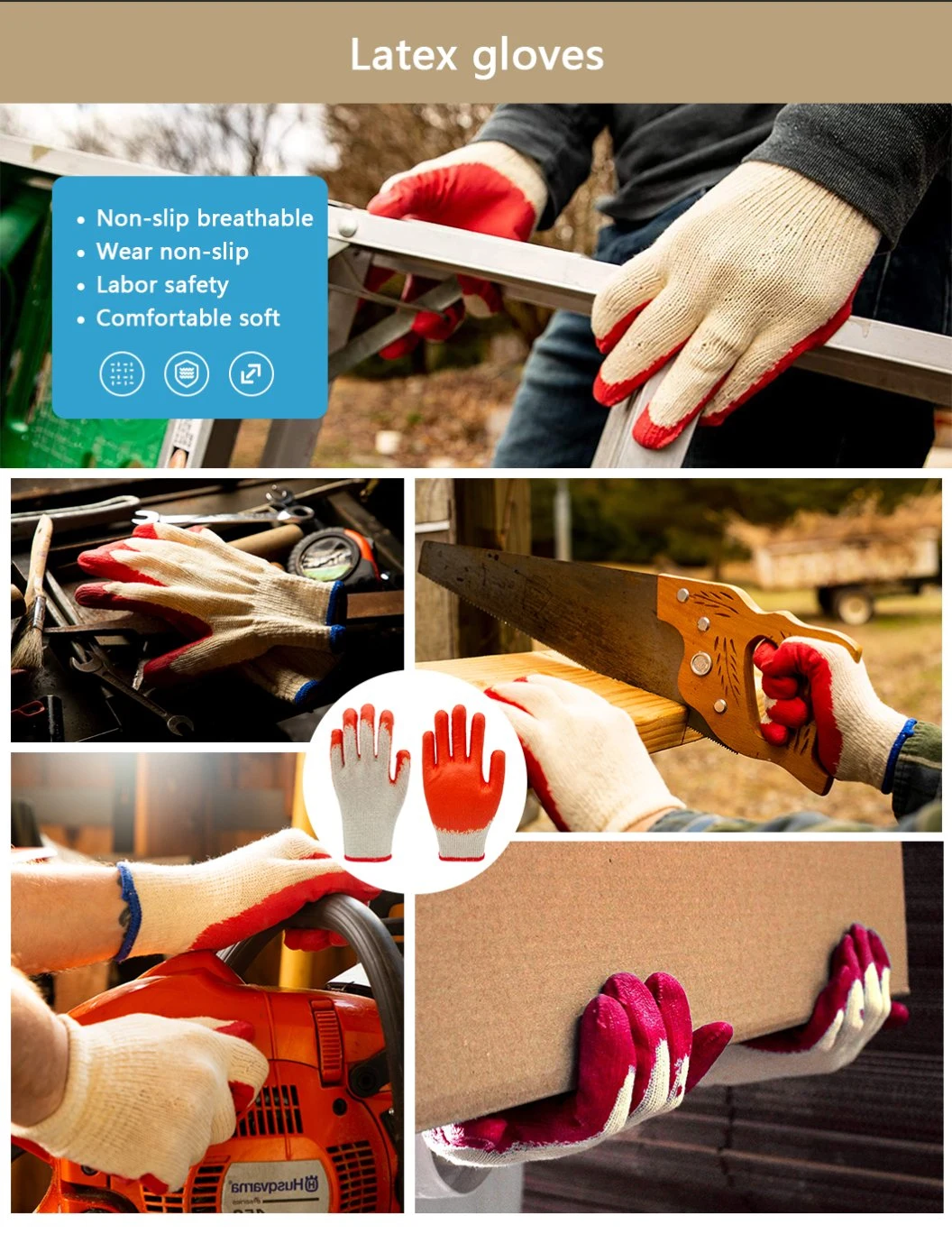 Factoryshop Cotton / Poly Liner Latex / Rubber Non Slip Palm Coated Work Safety Hand Protective Garden Reusable Construction Working Gloves