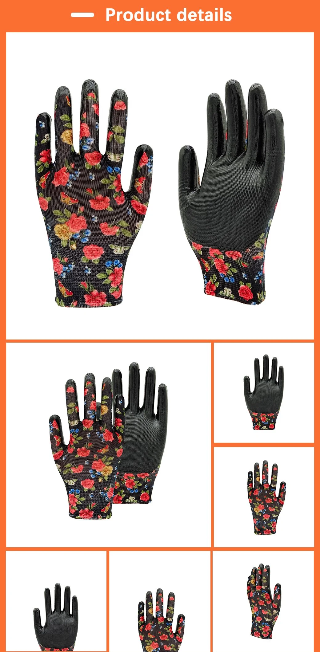 Factoryshop Design Flower Liner Garden Nitrile Palm Coated Collection Gardening Stretchy Protective Work Safety Gloves for Women / Female / Kids