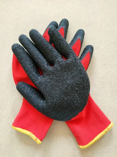 Red Polyester Knitted Back Crinkled Latex Coated Industrial Safety Work Gloves