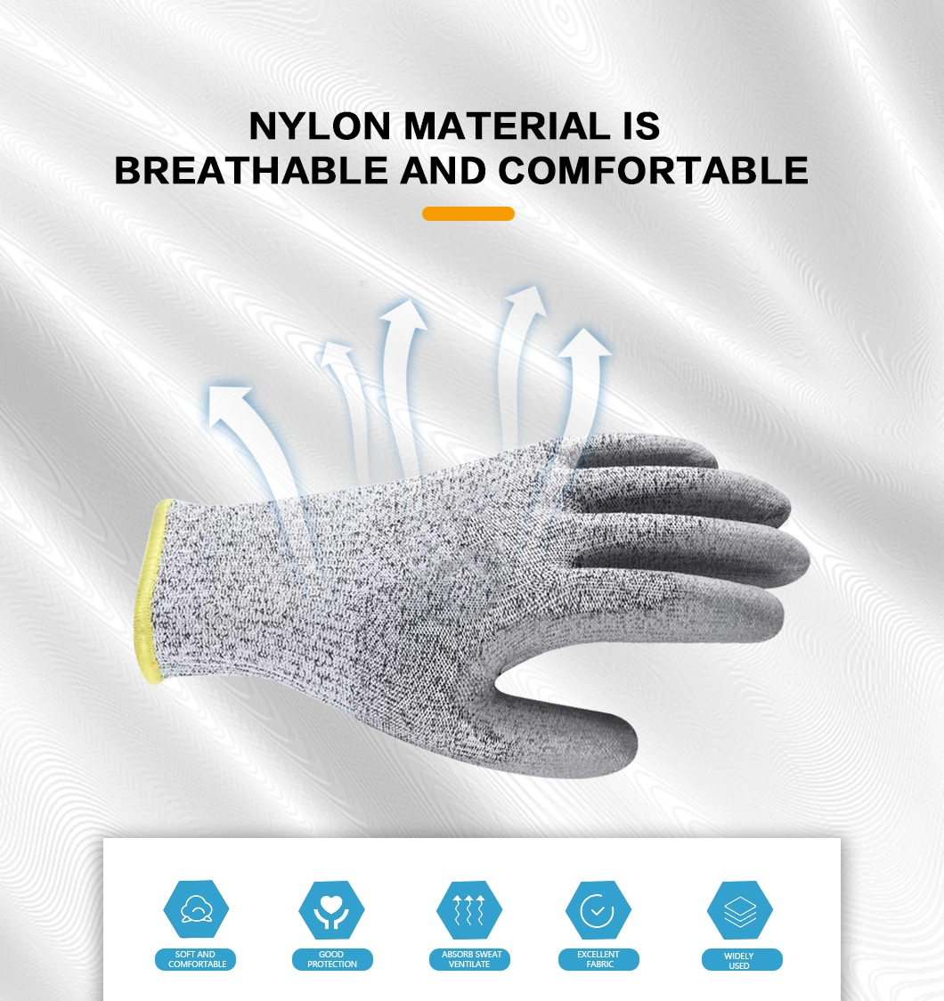 En388 A5 Nylon &amp; Hppe &amp; Glass Fiber Liner PU (Polyurethane) Coated Anti Cut Resistant Cutting Proof Work Safety Hand Protection Knitted ANSI Gloves